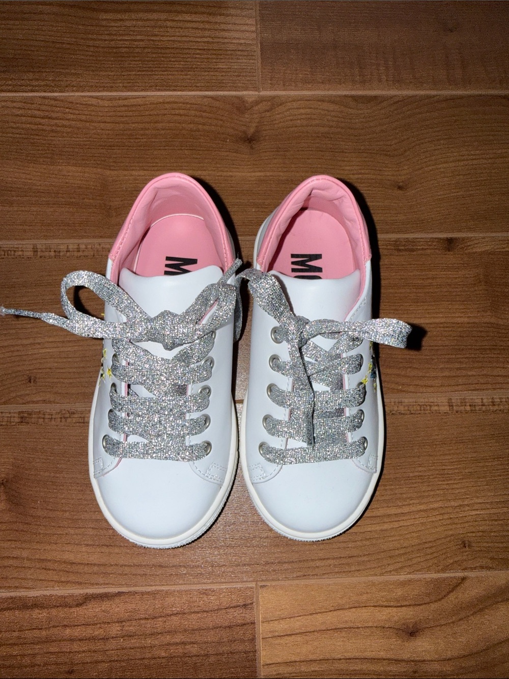 Moschino White Sneakers with Pink Heel and Multicolor Logo